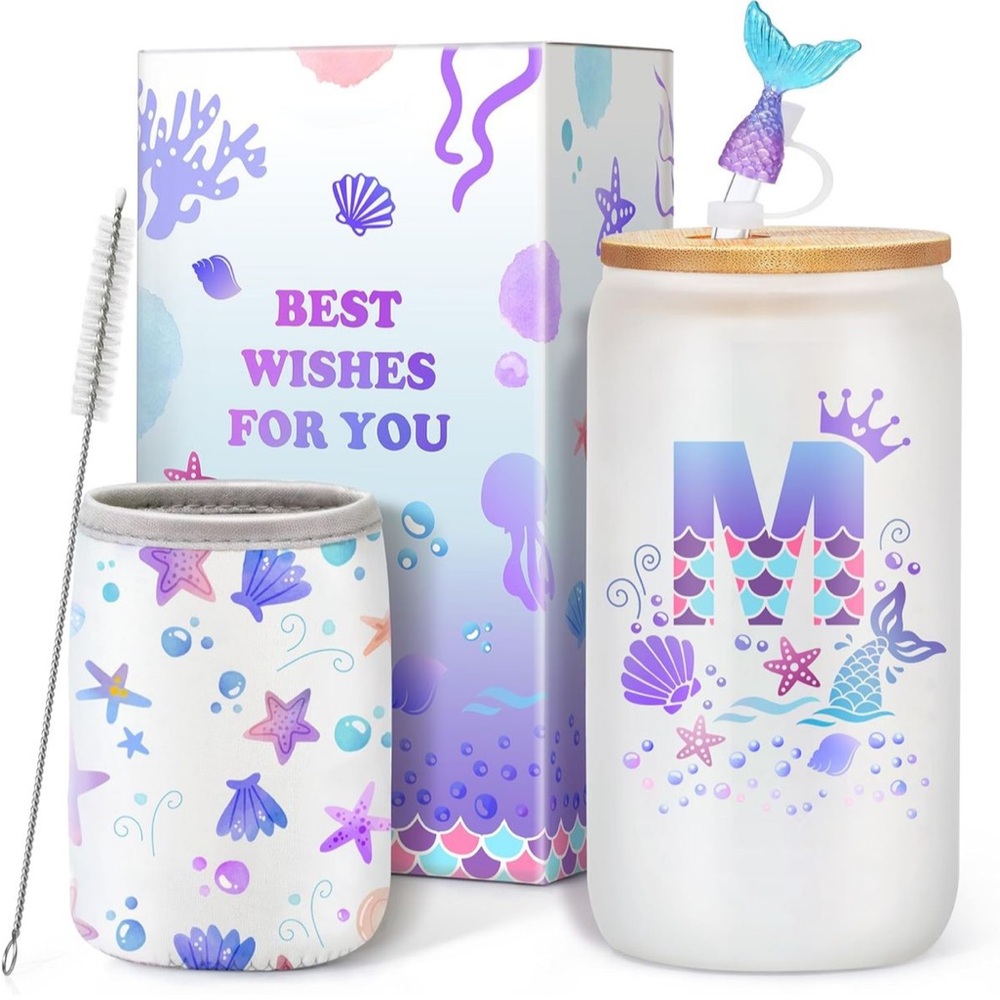 Mermaid M Initial Glass Cup Gift for Girls 16oz Purple NEW
